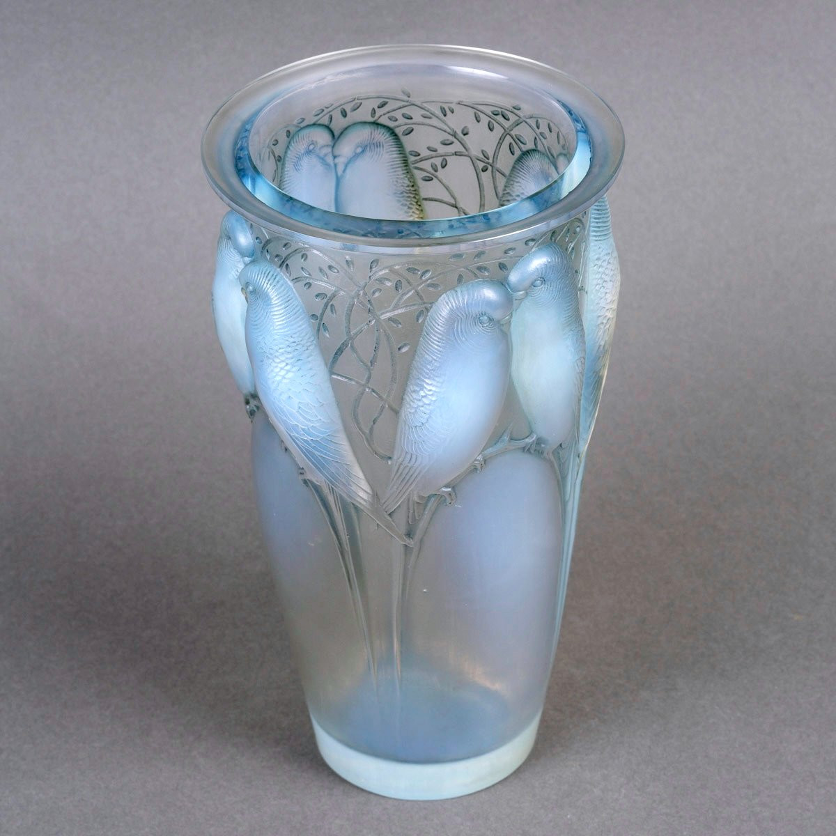 1924 René Lalique - Vase Ceylan Verre Opalescent Patiné Bleu-photo-3