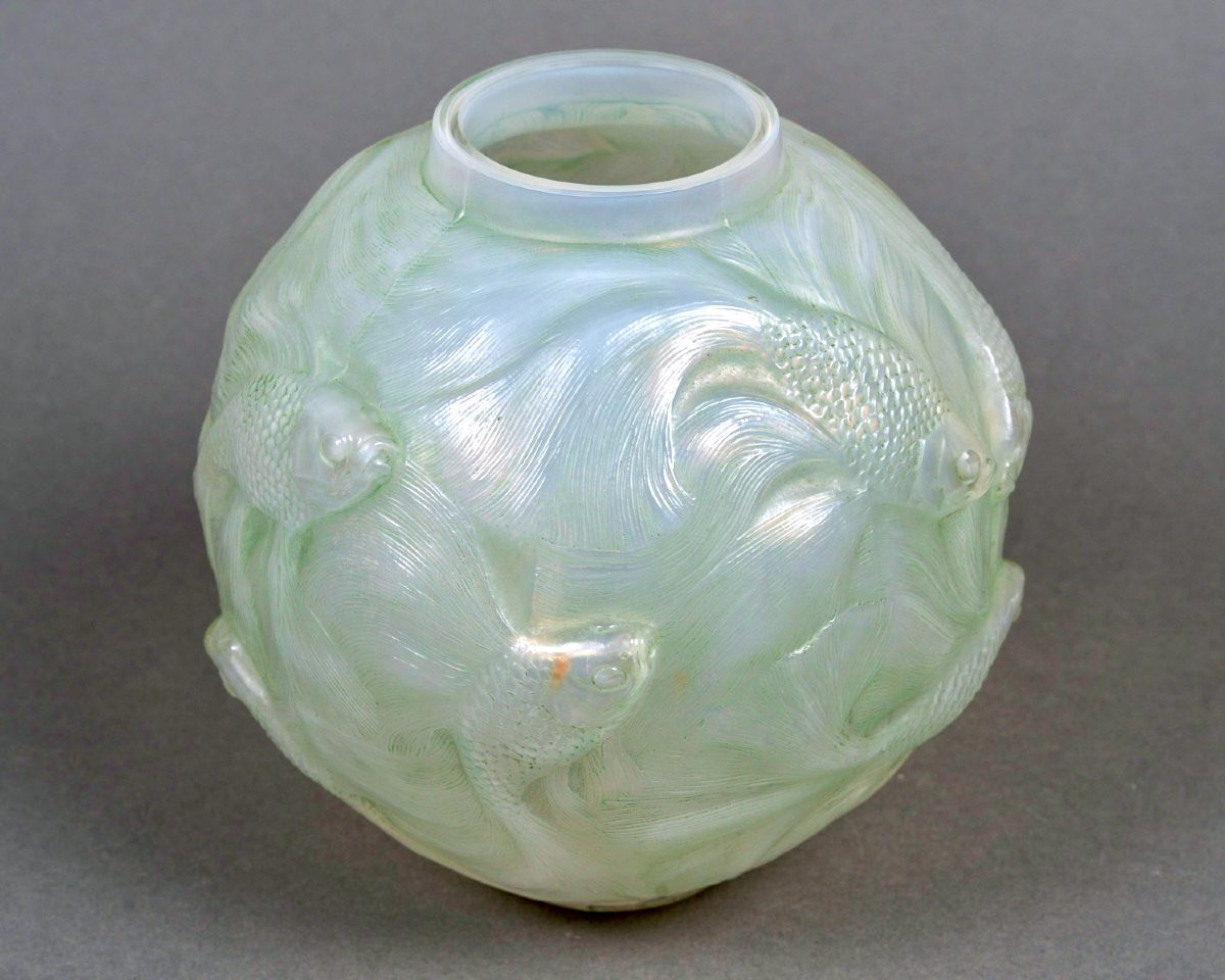 1924 René Lalique - Vase Formose Opalescent Glass With Green Patina-photo-4