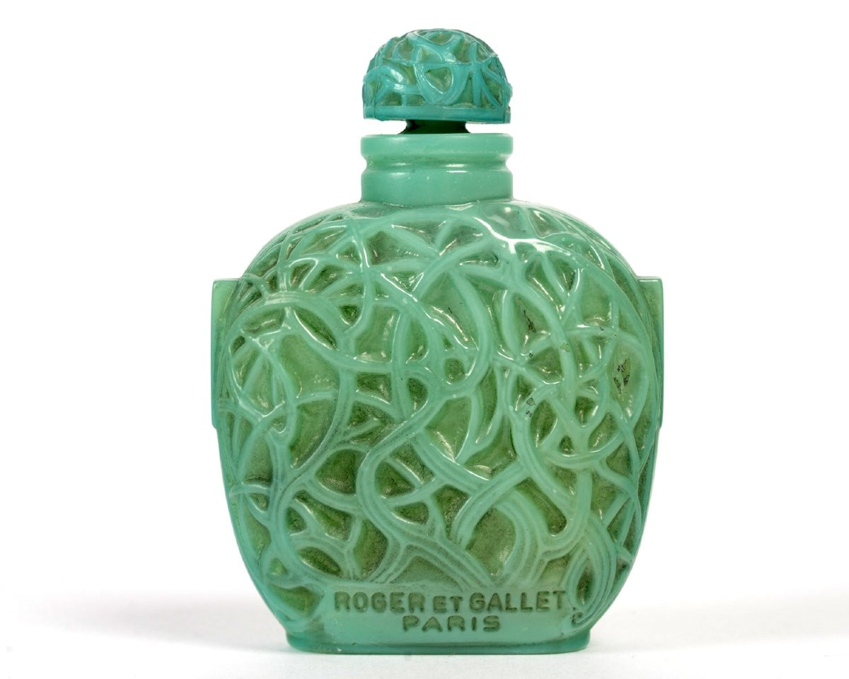 1926 René Lalique - Perfume Bottle Jade Green Glass With Grey Patina For Roger Et Gallet-photo-2
