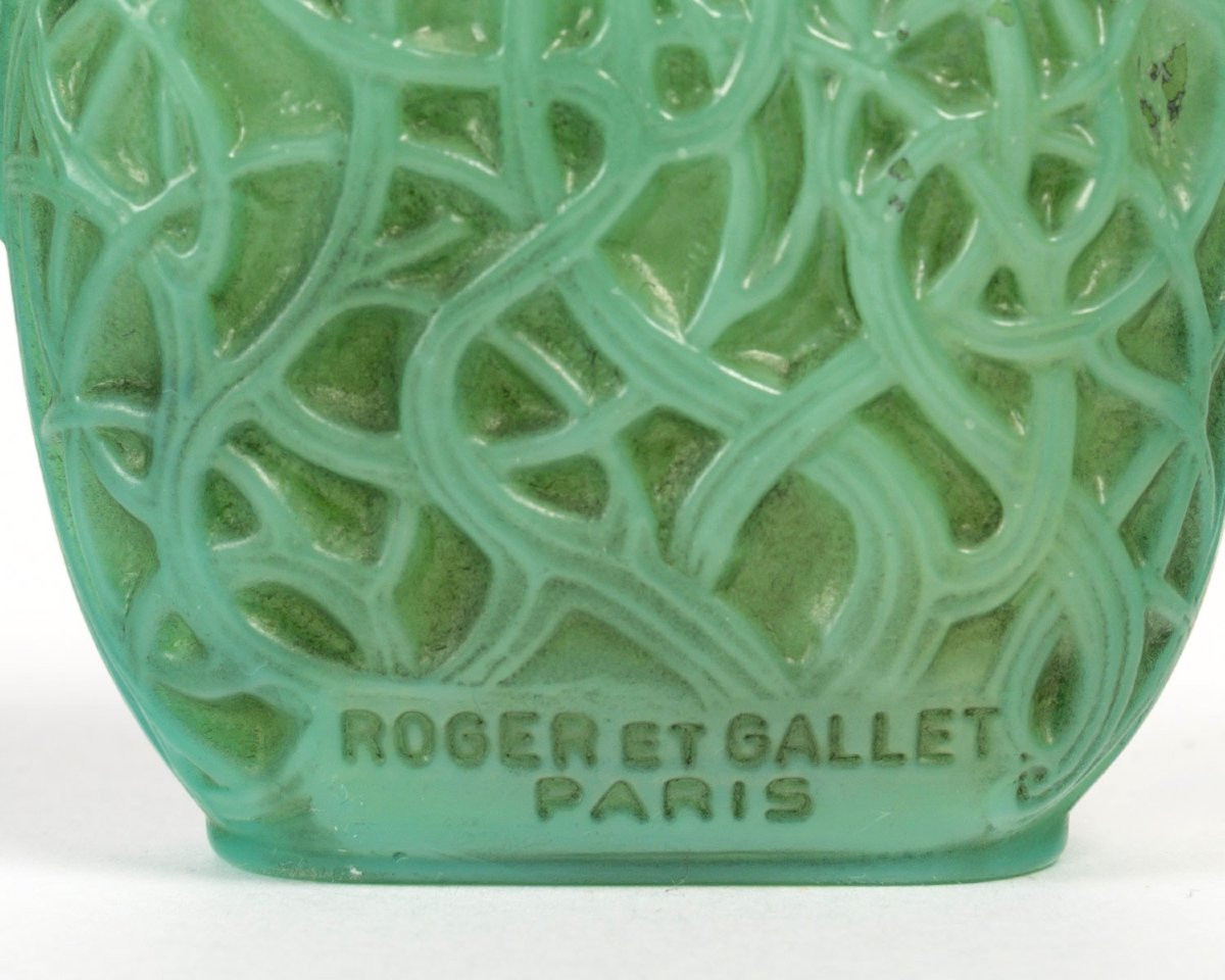 1926 René Lalique - Perfume Bottle Jade Green Glass With Grey Patina For Roger Et Gallet-photo-2