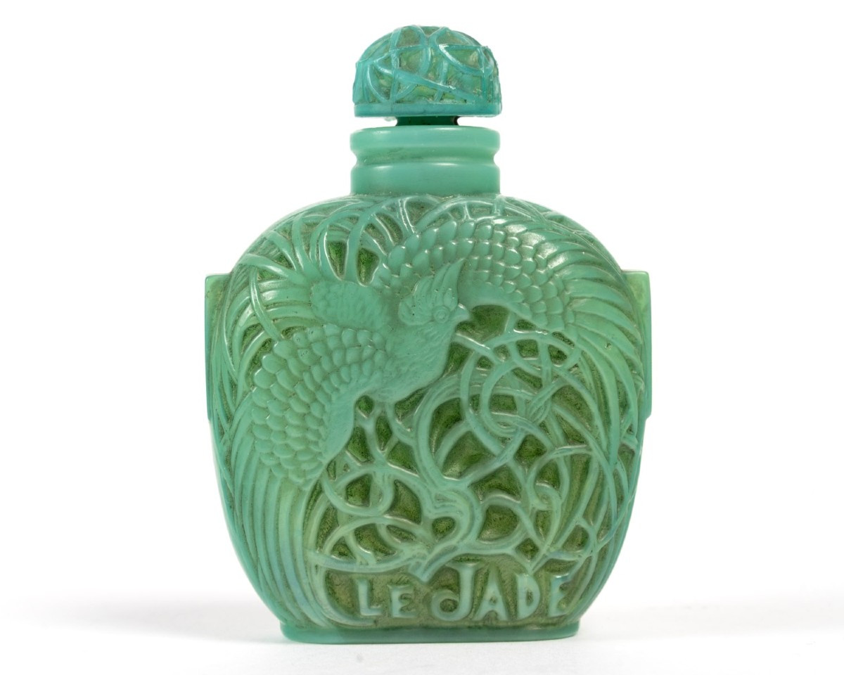 1926 René Lalique - Perfume Bottle Jade Green Glass With Grey Patina For Roger Et Gallet