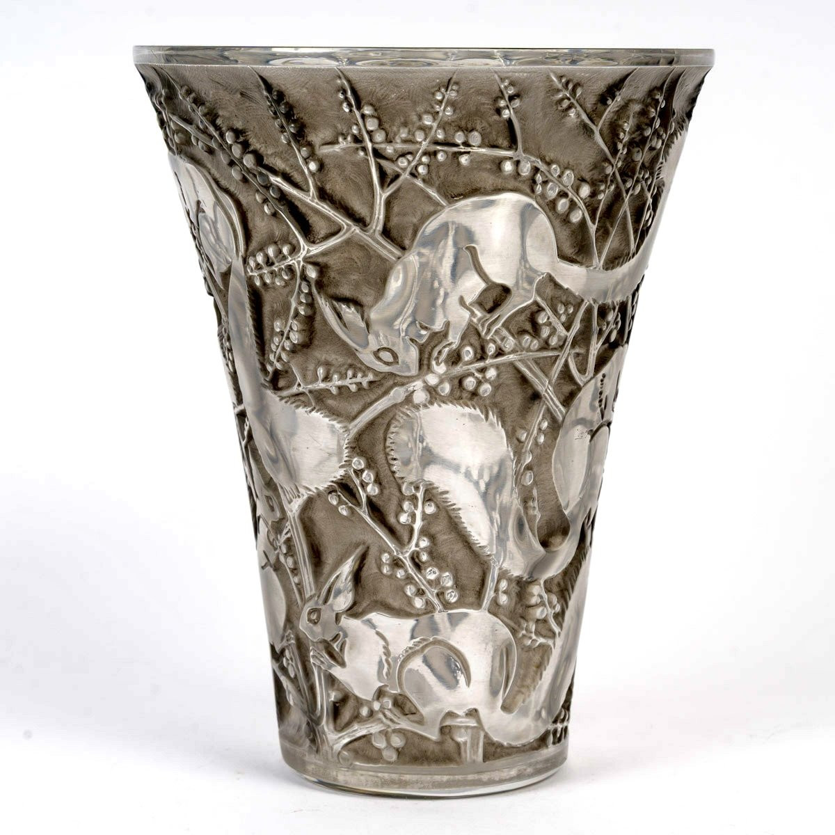 1934 René Lalique - Vase Senart Ecureuils Verre Blanc Patiné Gris-photo-2