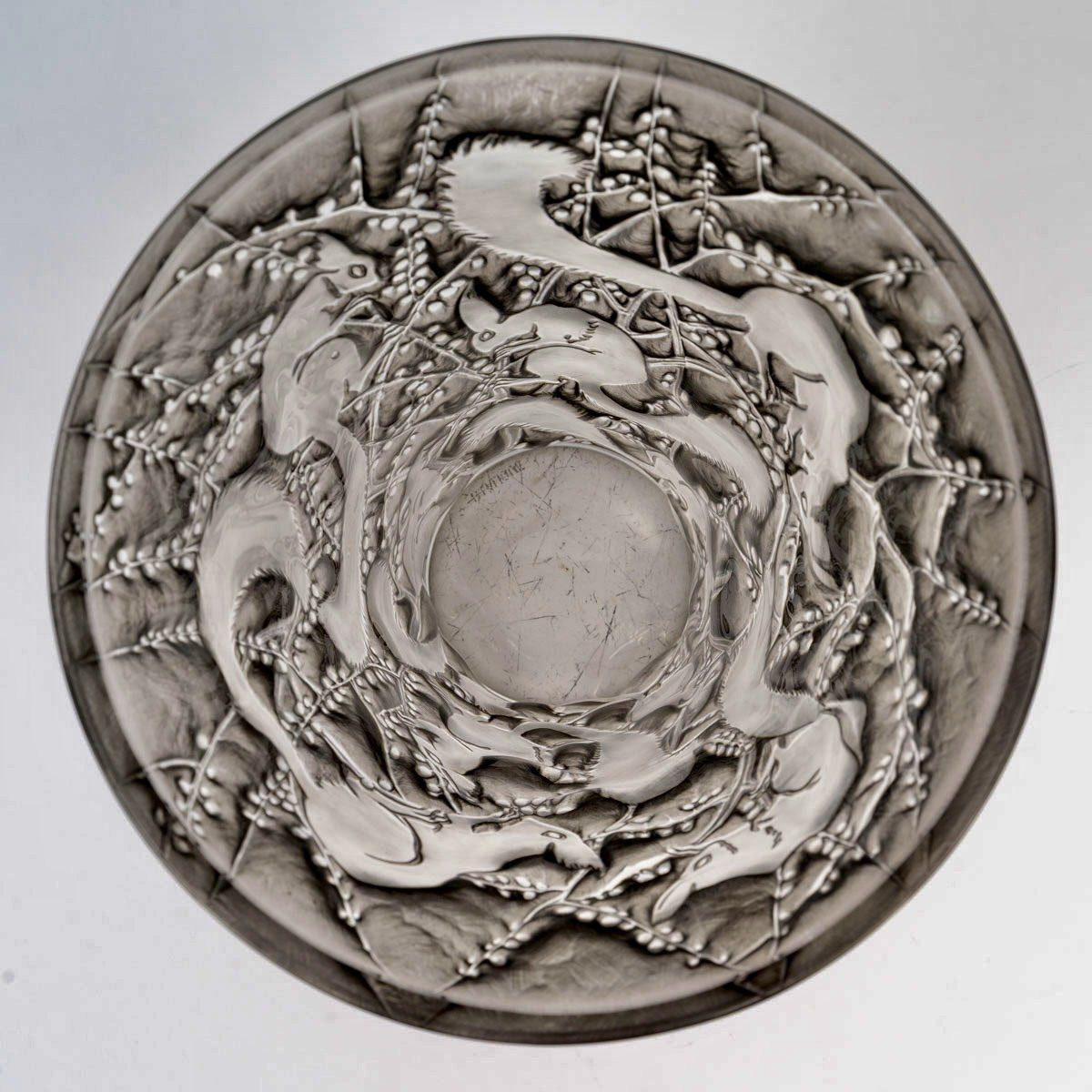 1934 René Lalique - Vase Senart Ecureuils Verre Blanc Patiné Gris-photo-1