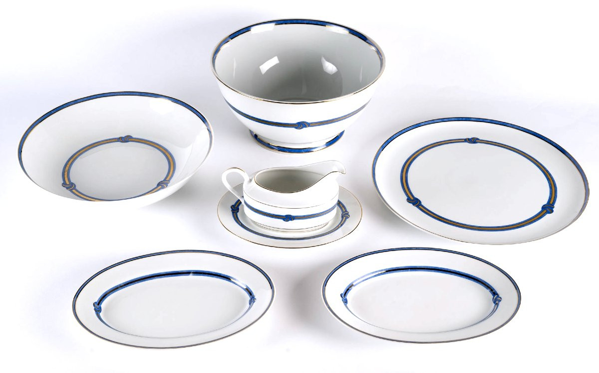 Christofle - Service de Table Rubanea Bleu Porcelaine Limoges - 64 Pièces-photo-1