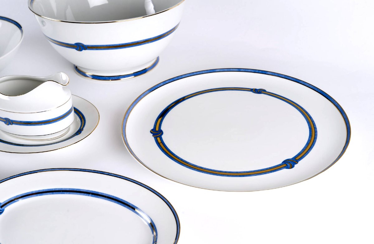 Christofle - Service de Table Rubanea Bleu Porcelaine Limoges - 64 Pièces-photo-3