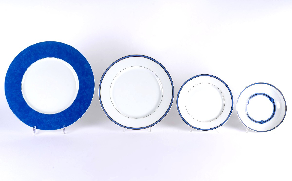 Christofle - Service de Table Rubanea Bleu Porcelaine Limoges - 64 Pièces