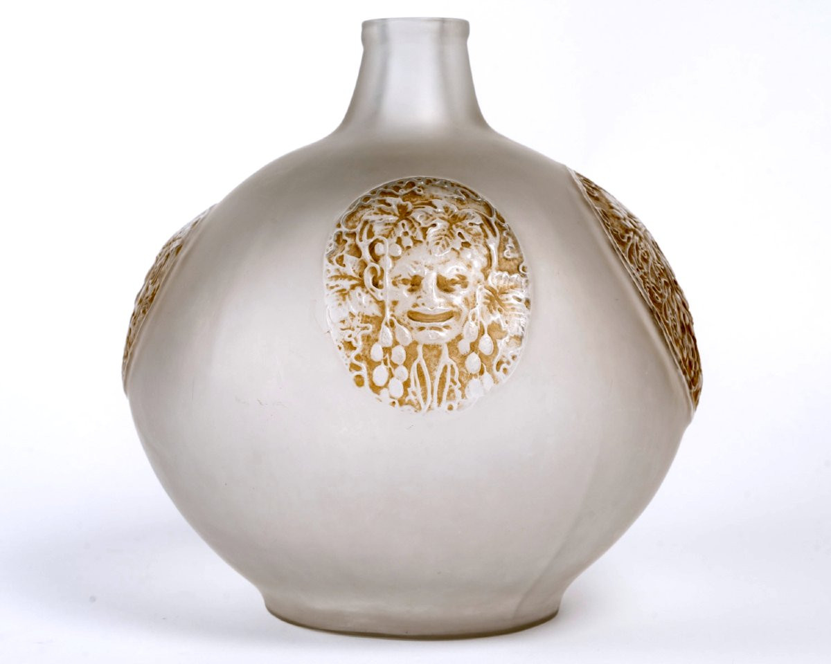 1911 René Lalique - Vase Quatre Masques Masks Glass With Sepia Patina-photo-2