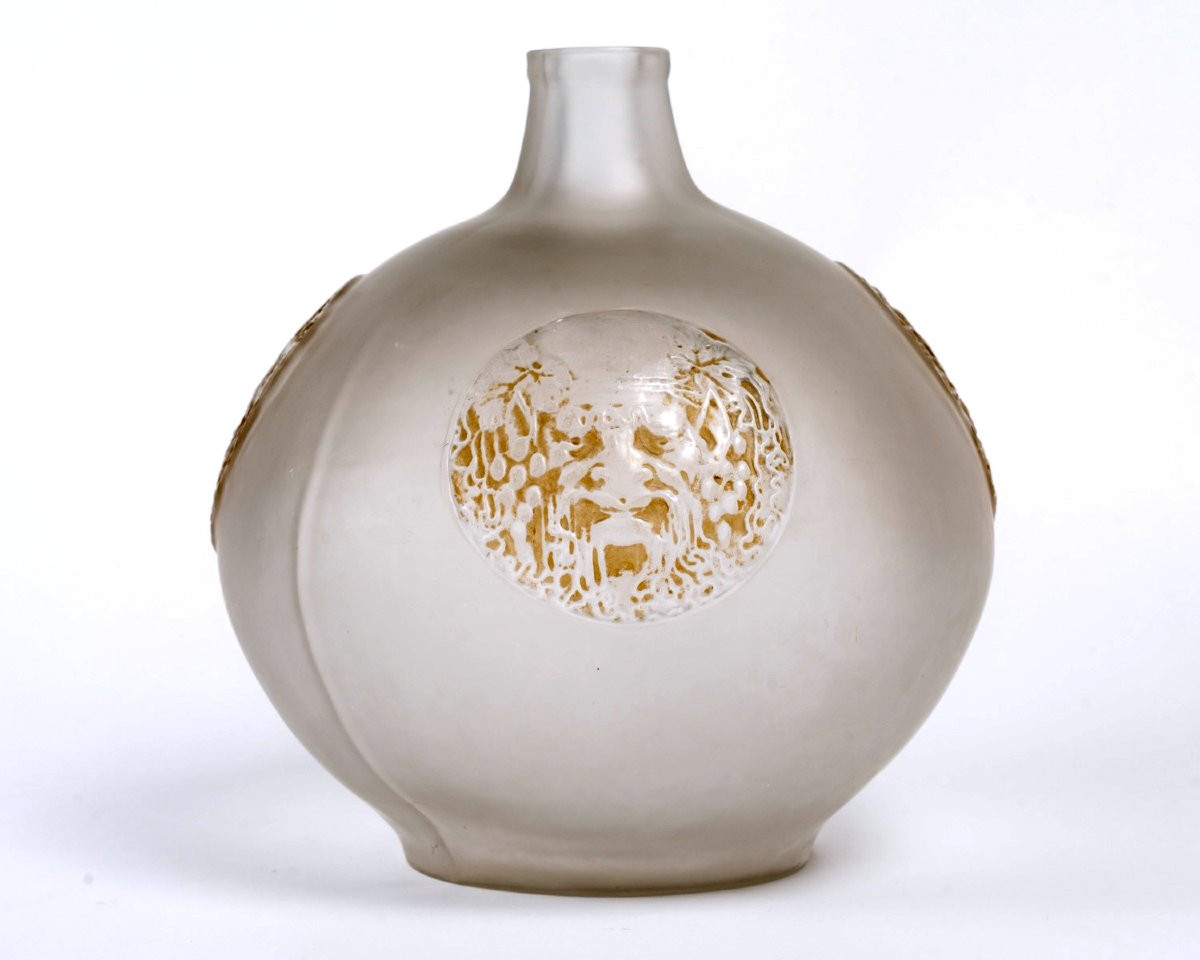1911 René Lalique - Vase Quatre Masques Masks Glass With Sepia Patina-photo-3