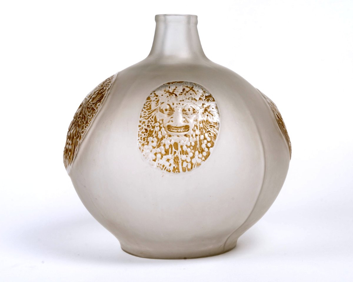 1911 René Lalique - Vase Quatre Masques Masks Glass With Sepia Patina-photo-4