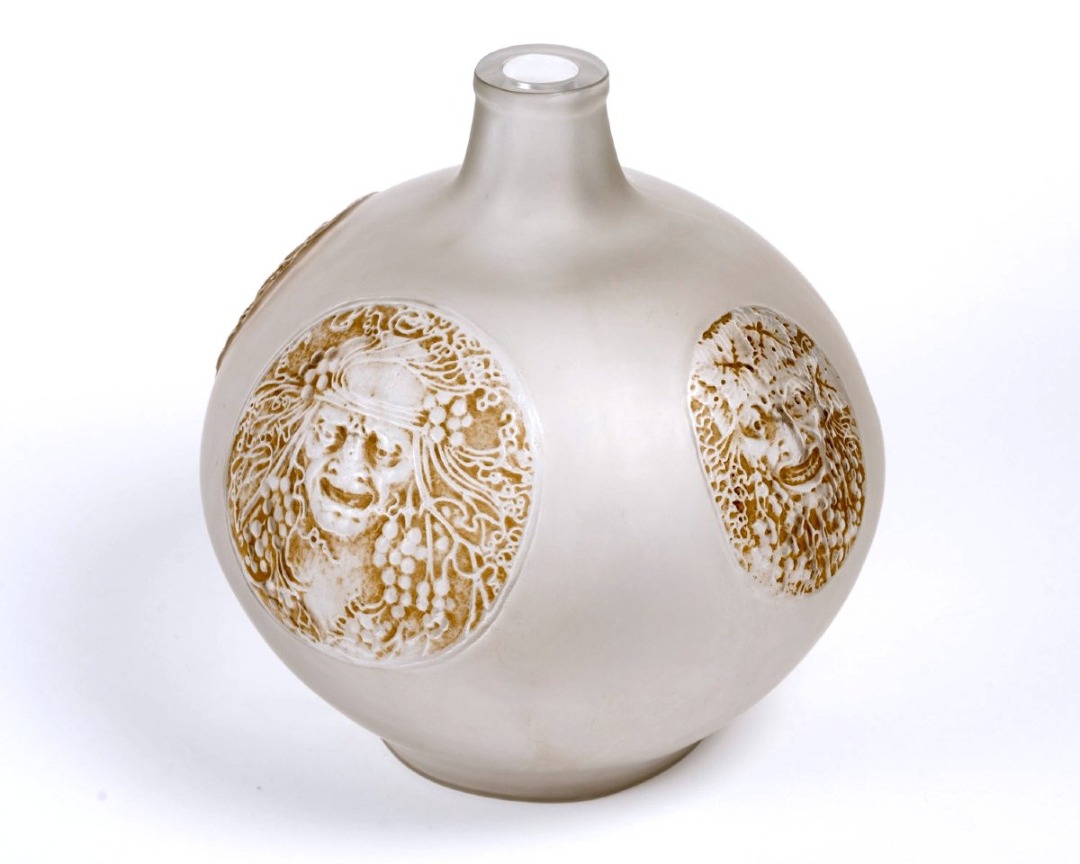 1911 René Lalique - Vase Quatre Masques Masks Glass With Sepia Patina-photo-1