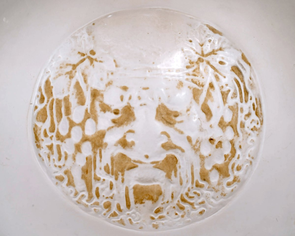 1911 René Lalique - Vase Quatre Masques Masks Glass With Sepia Patina-photo-3