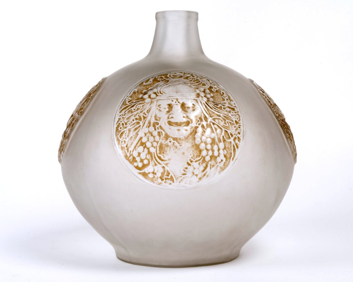 1911 René Lalique - Vase Quatre Masques Masks Glass With Sepia Patina