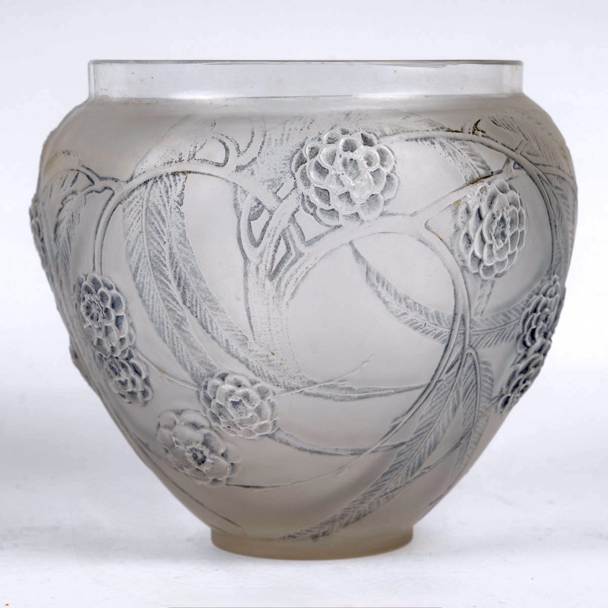 1923 René Lalique - Vase Néfliers Verre Blanc Patiné Bleu-photo-3