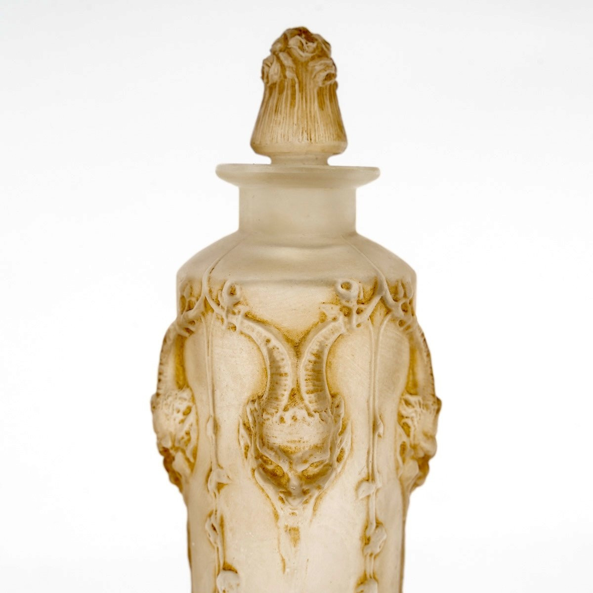 1920 René Lalique - Flacon Pan Verre Blanc Patiné Sépia-photo-1