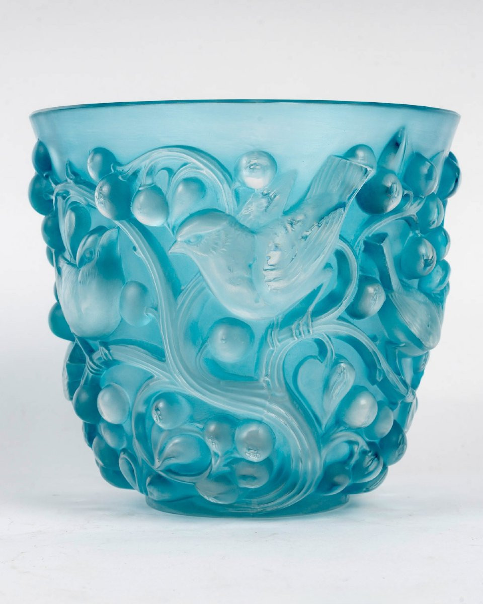 1927 René Lalique - Vase Avallon Verre Blanc Patiné Bleu Electrique-photo-2