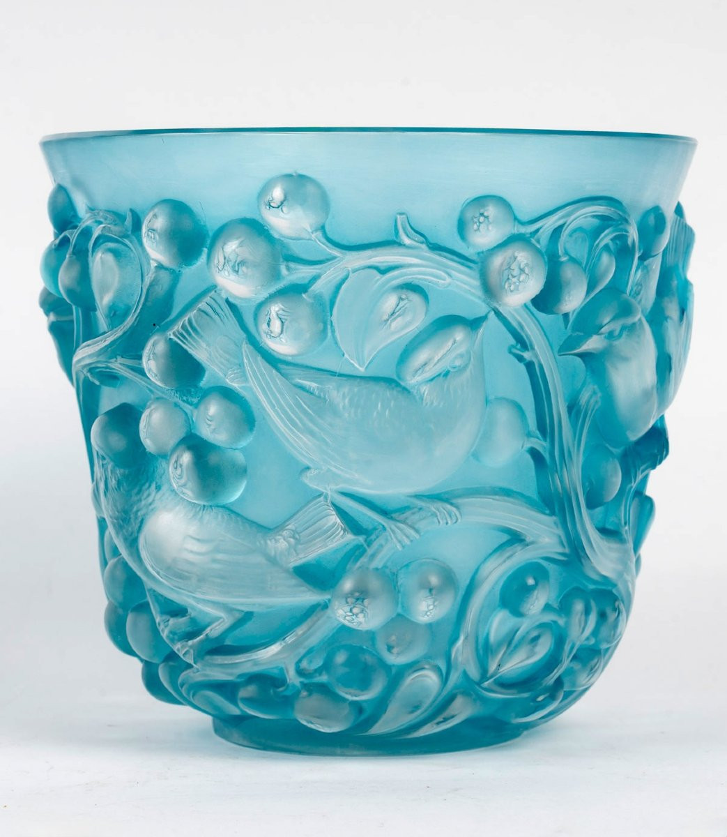 1927 René Lalique - Vase Avallon Verre Blanc Patiné Bleu Electrique-photo-3