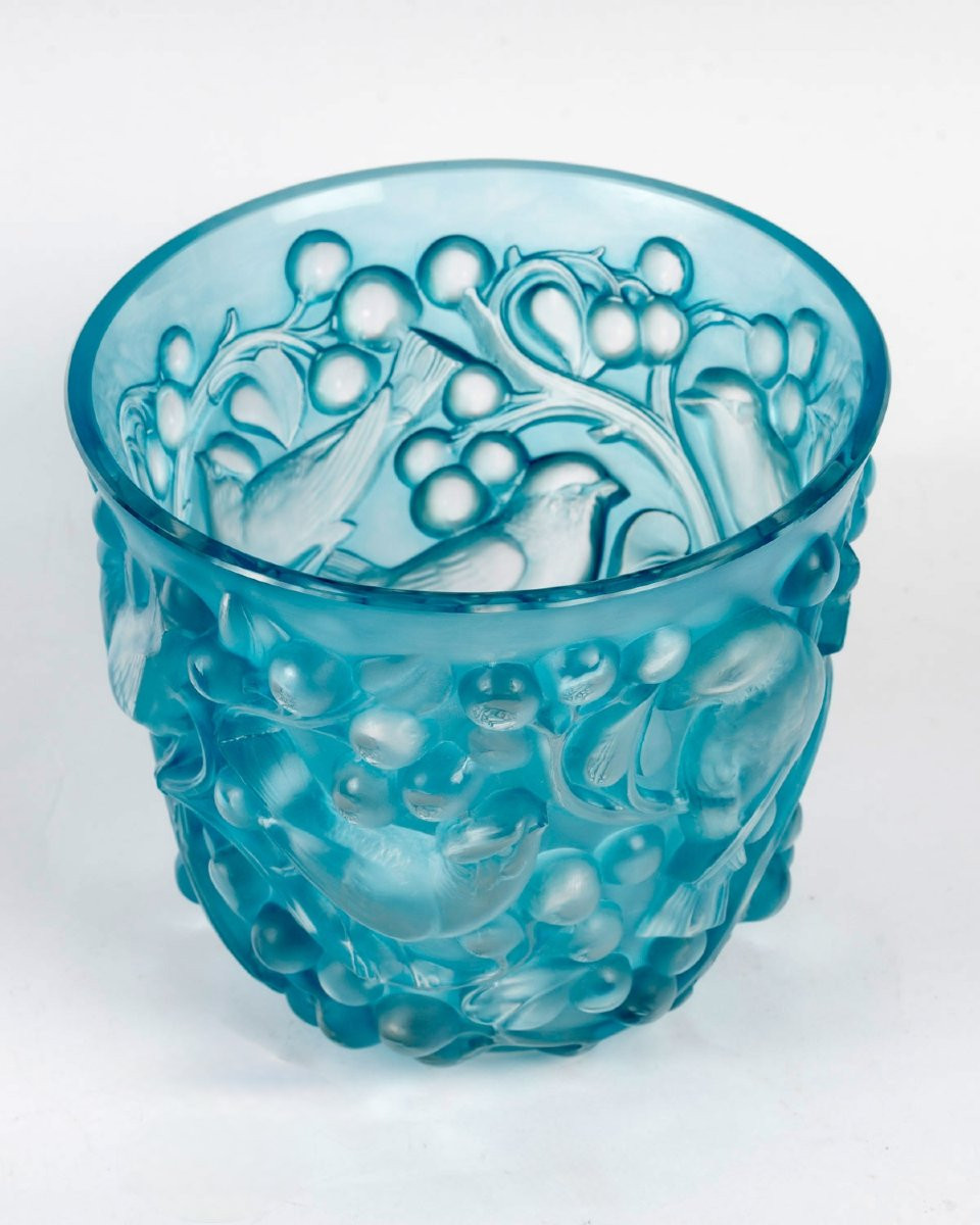 1927 René Lalique - Vase Avallon Verre Blanc Patiné Bleu Electrique-photo-4