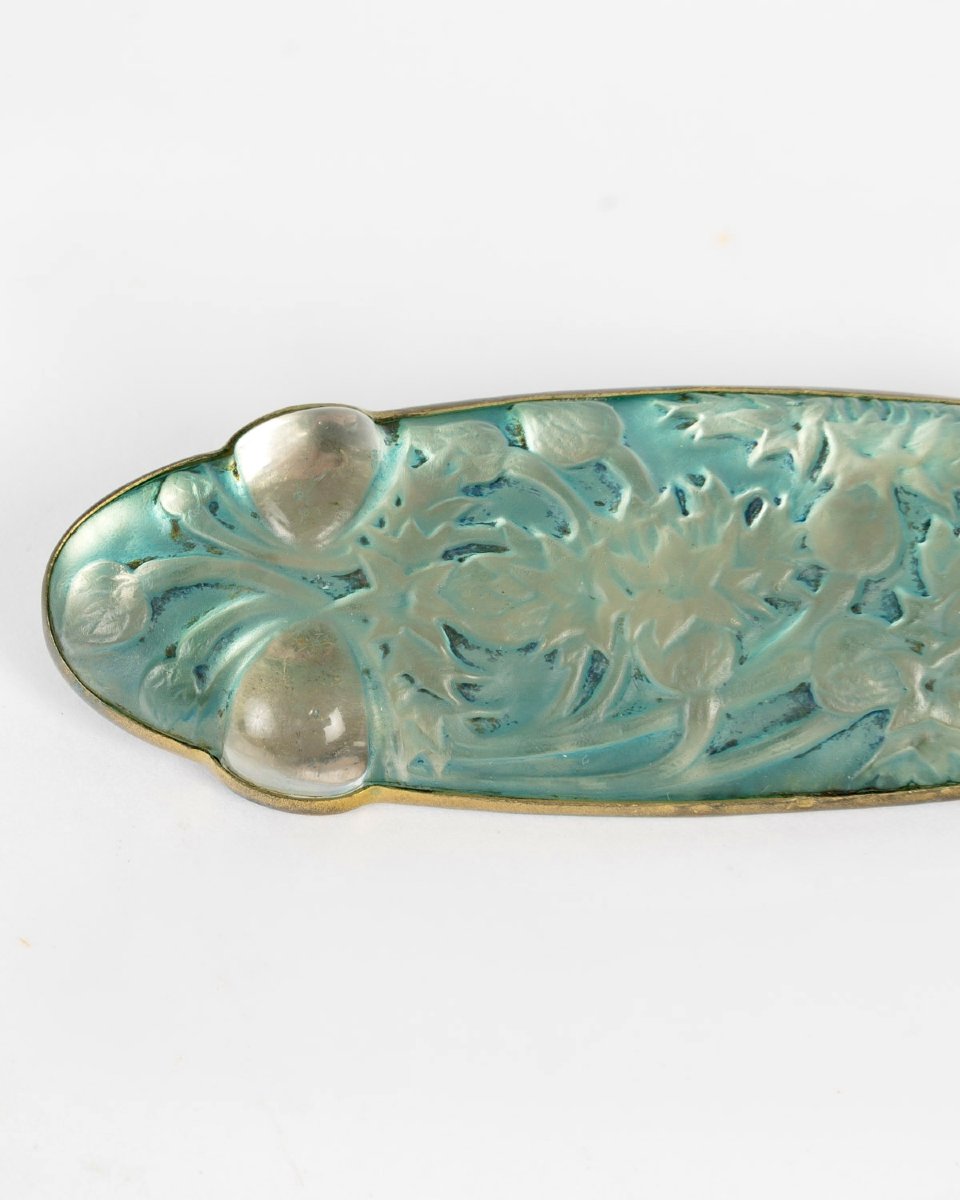 1913 René Lalique - Broche Quatre Cabochons Bluets Verre Blanc Patiné Bleu-photo-3