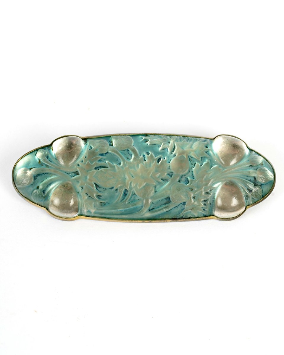 1913 René Lalique - Broche Quatre Cabochons Bluets Verre Blanc Patiné Bleu