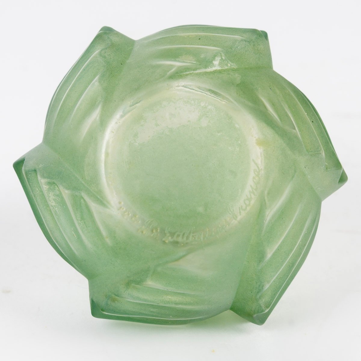1927 René Lalique - Flacon Camille Verre Blanc Patiné Vert-photo-1