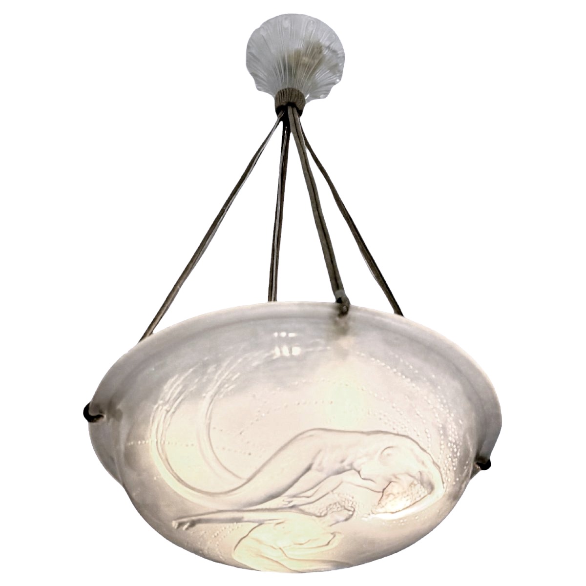 1921 René Lalique - Chandelier Ceiling Fixture Deux Sirènes Mermaids Glass-photo-2