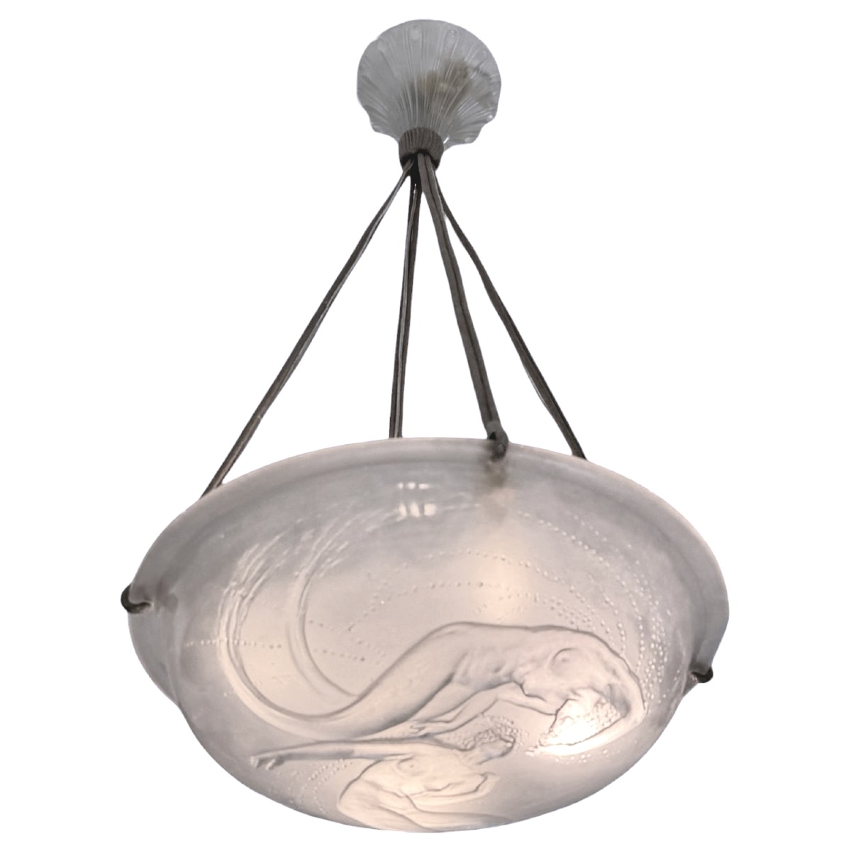 1921 René Lalique - Chandelier Ceiling Fixture Deux Sirènes Mermaids Glass-photo-3