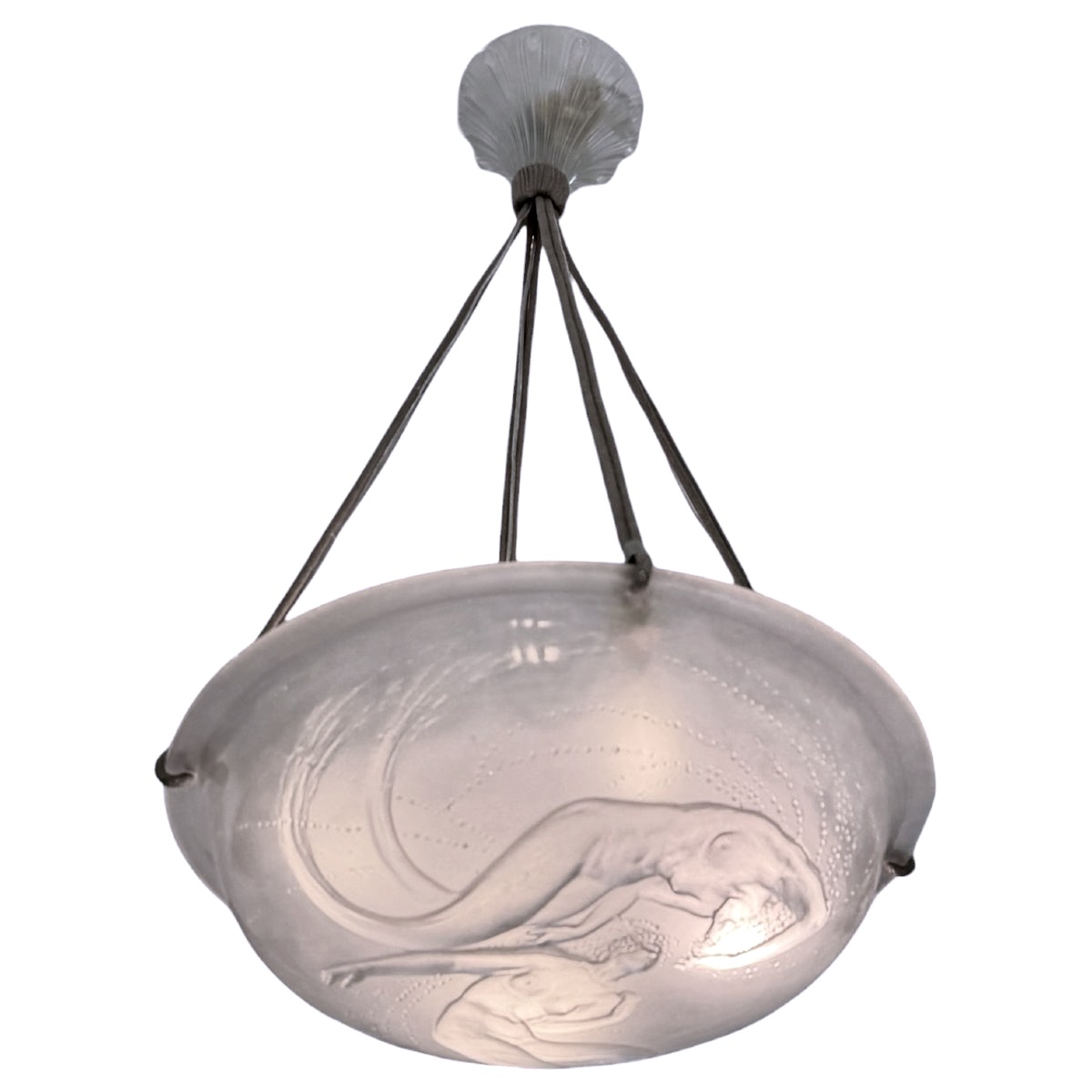 1921 René Lalique - Chandelier Ceiling Fixture Deux Sirènes Mermaids Glass-photo-1