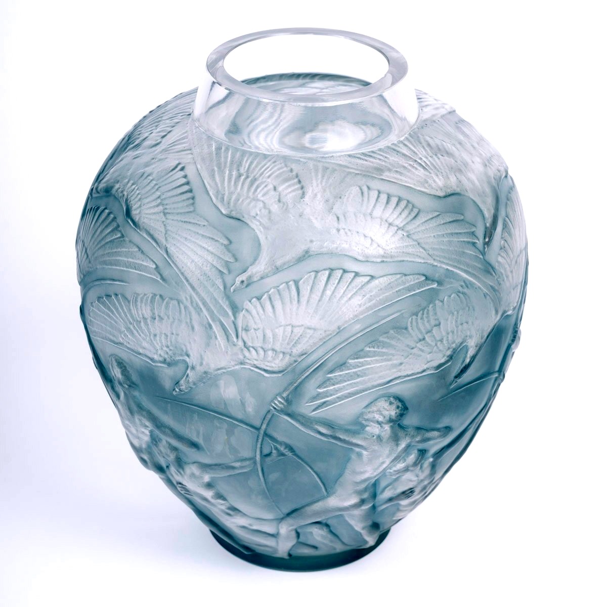 1921 René Lalique - Vase Archers Verre Blanc Patiné Bleu-photo-2