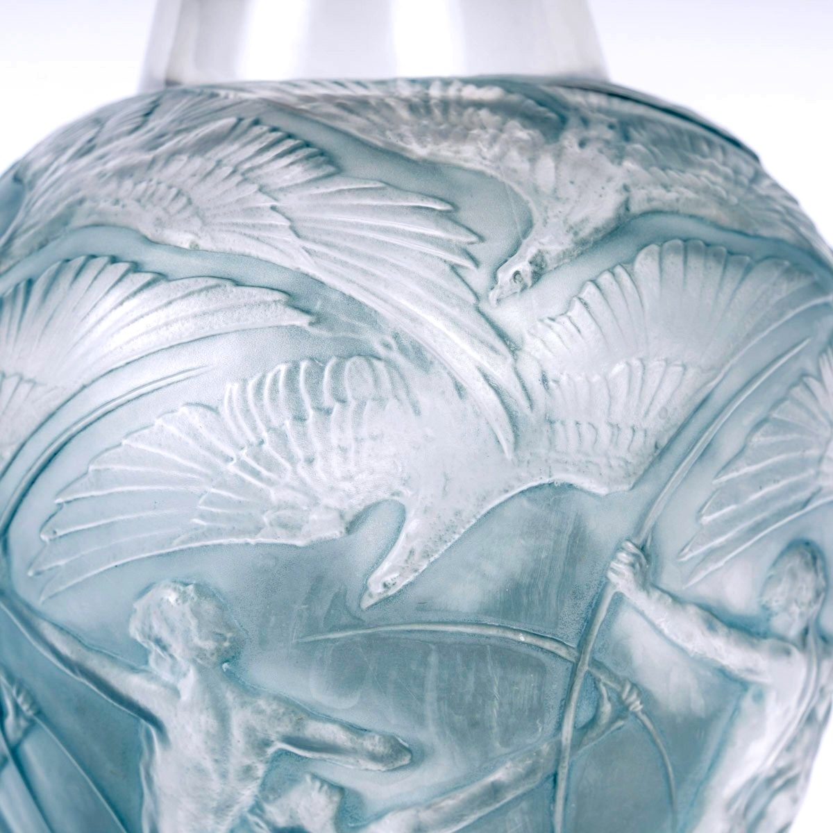 1921 René Lalique - Vase Archers Verre Blanc Patiné Bleu-photo-3