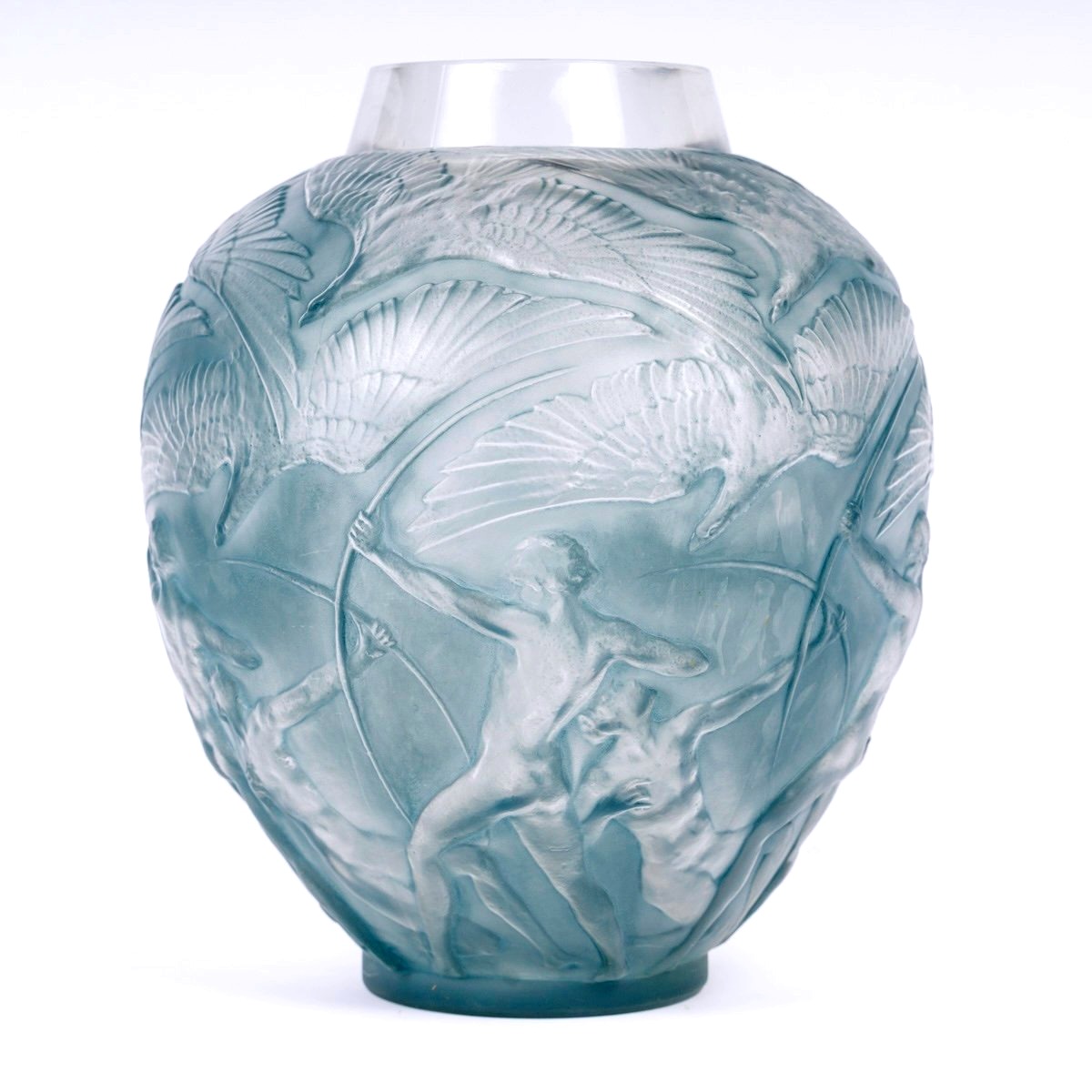 1921 René Lalique - Vase Archers Verre Blanc Patiné Bleu