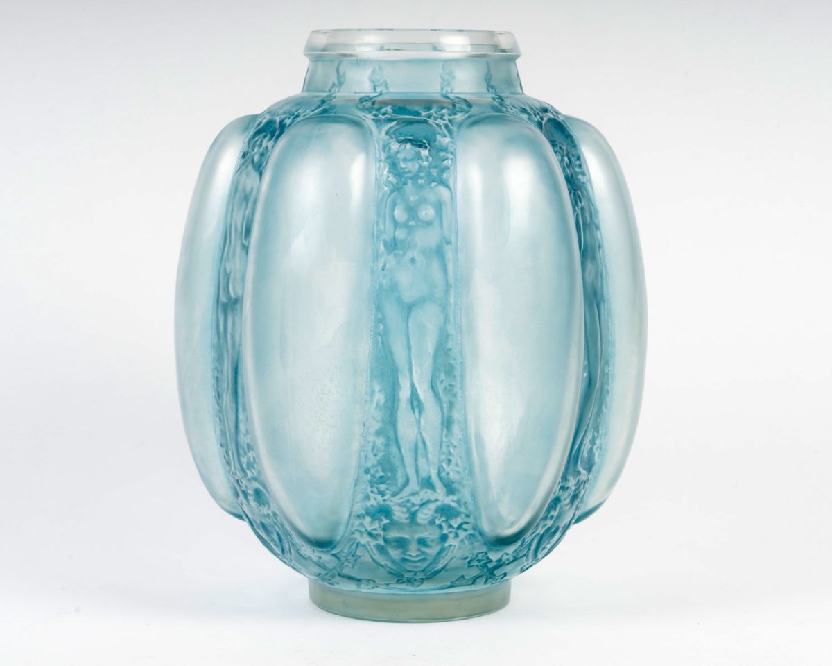 1912 René Lalique - Vase Six Figurines Et Masques Glass With Blue Patina-photo-2
