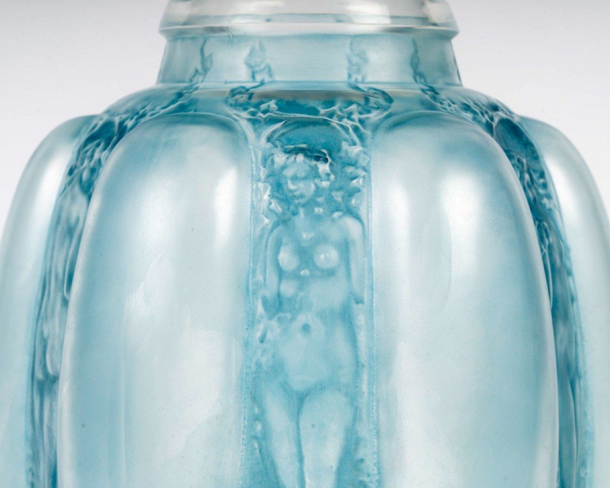 1912 René Lalique - Vase Six Figurines Et Masques Glass With Blue Patina-photo-4