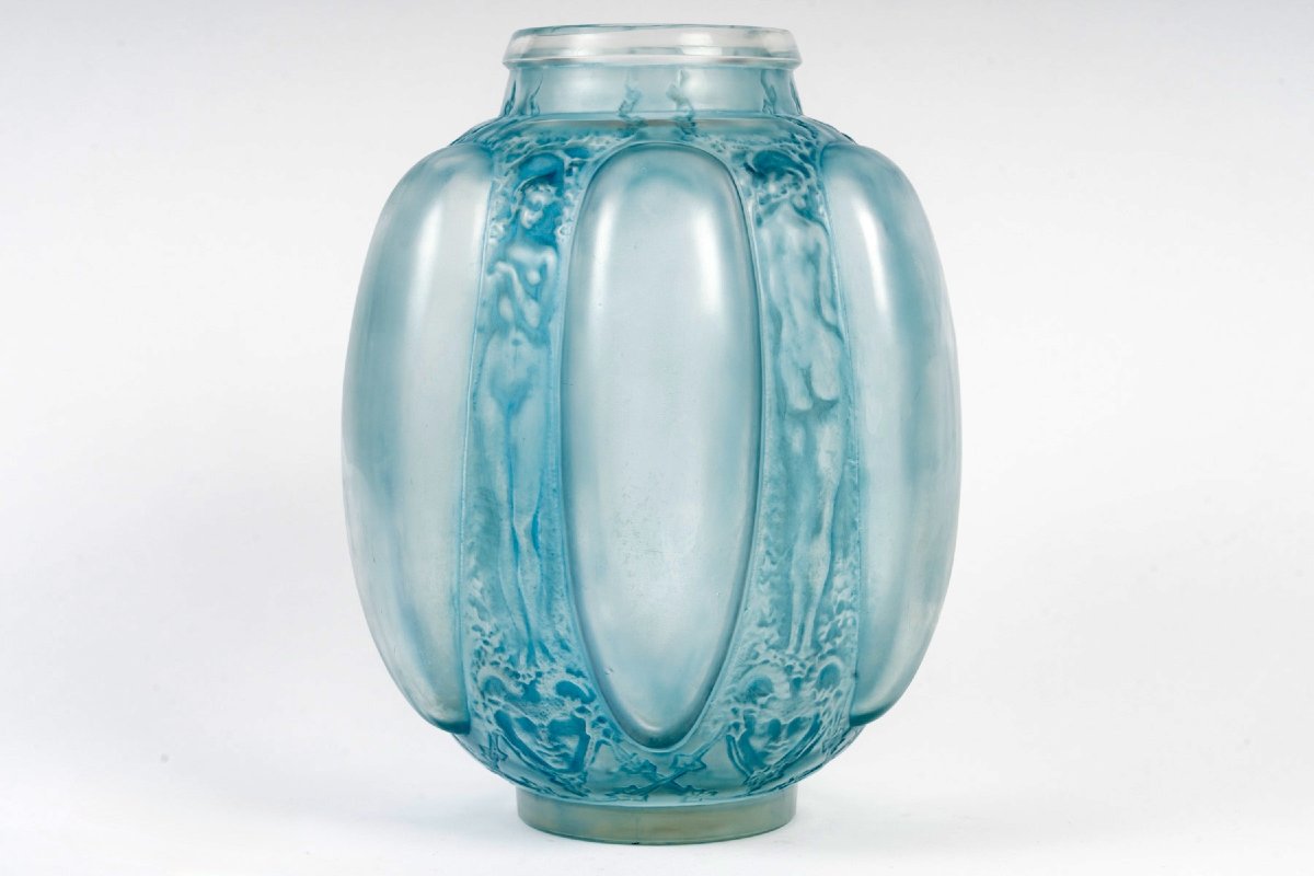 1912 René Lalique - Vase Six Figurines Et Masques Glass With Blue Patina-photo-1