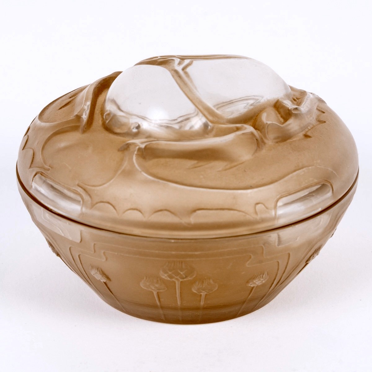 1909 René Lalique - Boîte Scarabée Verre Blanc Patiné Sépia pour L.T Piver-photo-2
