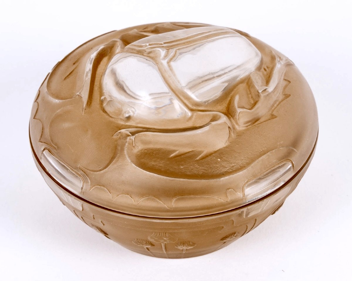 1909 René Lalique - Boîte Scarabée Verre Blanc Patiné Sépia pour L.T Piver