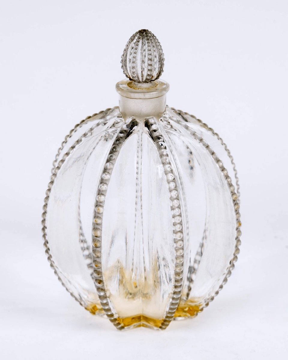 1927 René Lalique - Flacon Art Déco Grégoire Verre Blanc Patiné Gris-photo-2