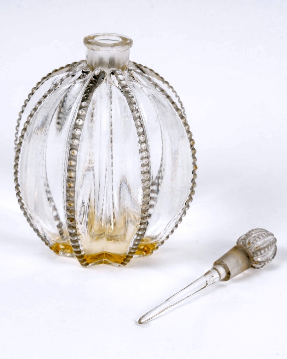 1927 René Lalique - Flacon Art Déco Grégoire Verre Blanc Patiné Gris-photo-3