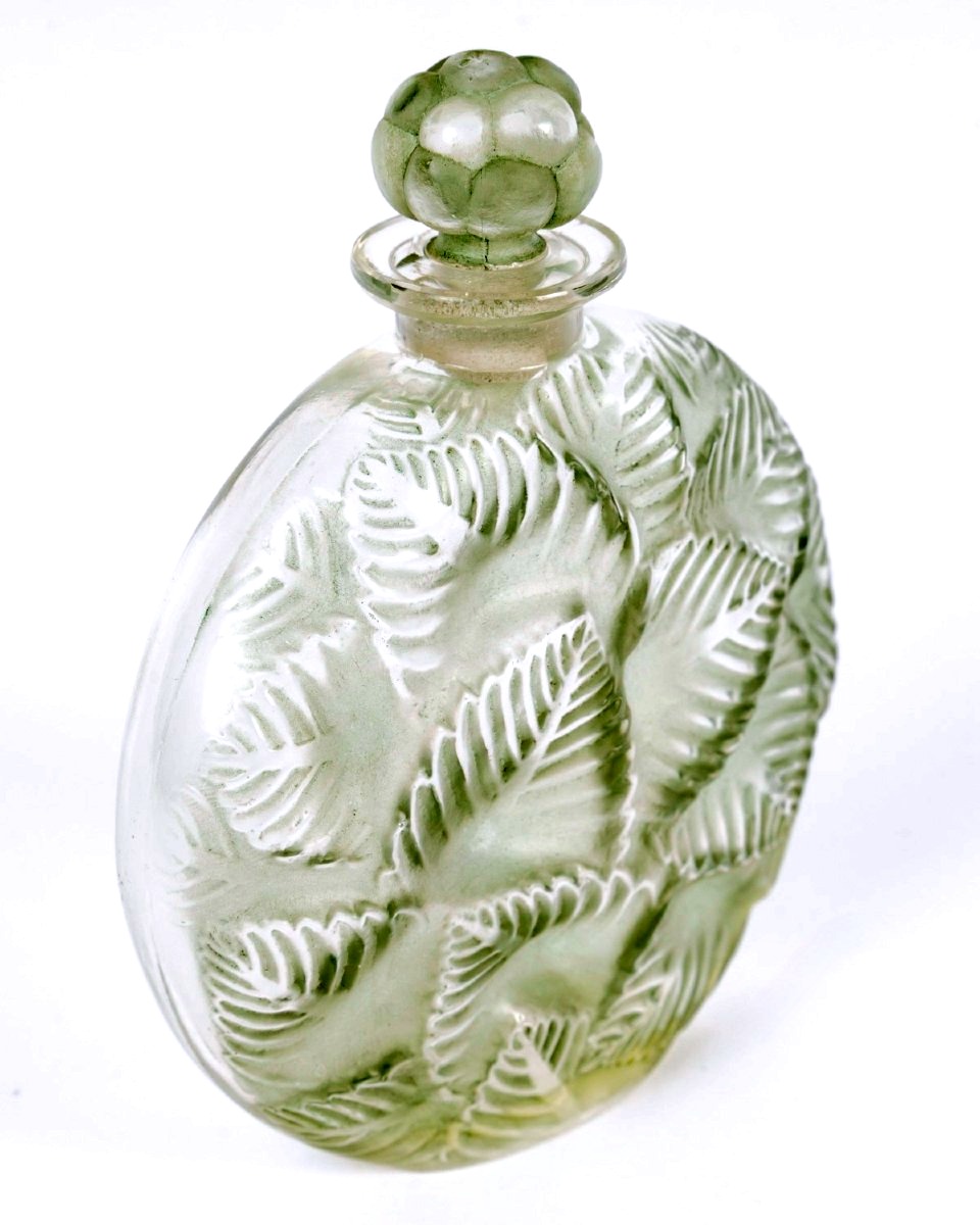 1927 René Lalique - Flacon Clamart Verre Blanc Patiné Vert-photo-2