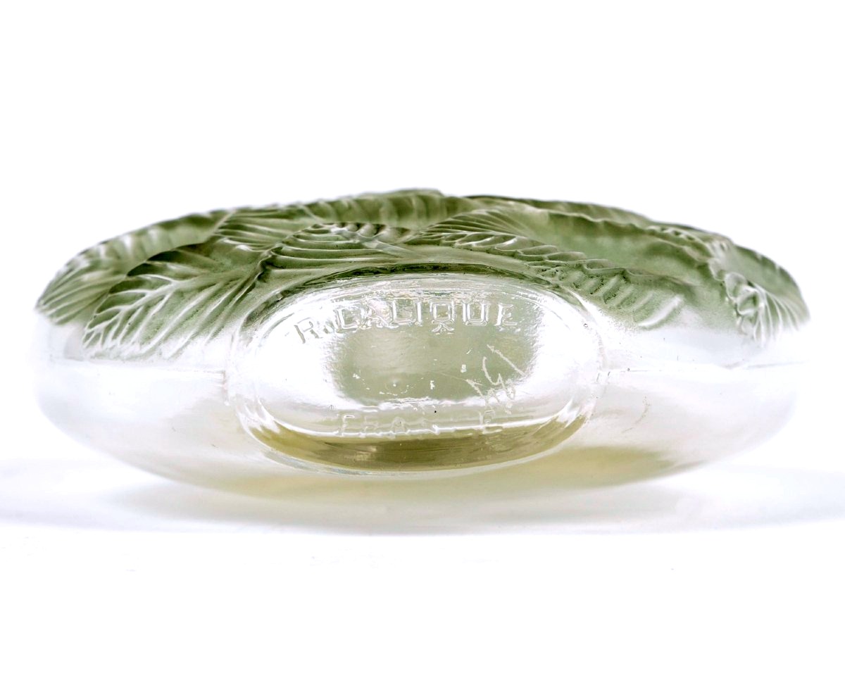 1927 René Lalique - Flacon Clamart Verre Blanc Patiné Vert-photo-1