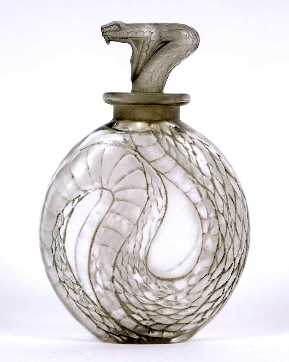 1920 René Lalique - Flacon Serpent Verre Blanc Patiné Gris-photo-2