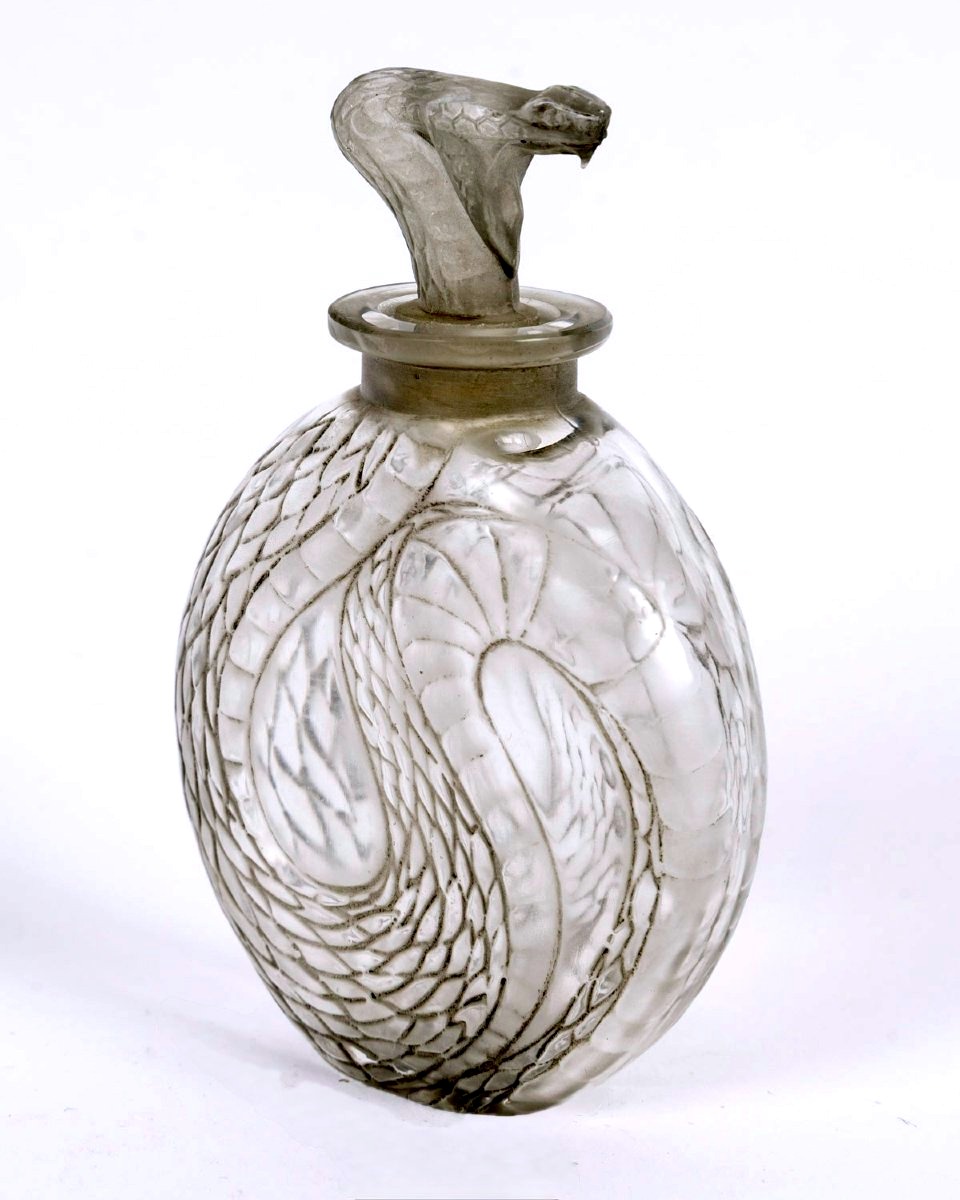 1920 René Lalique - Flacon Serpent Verre Blanc Patiné Gris-photo-3