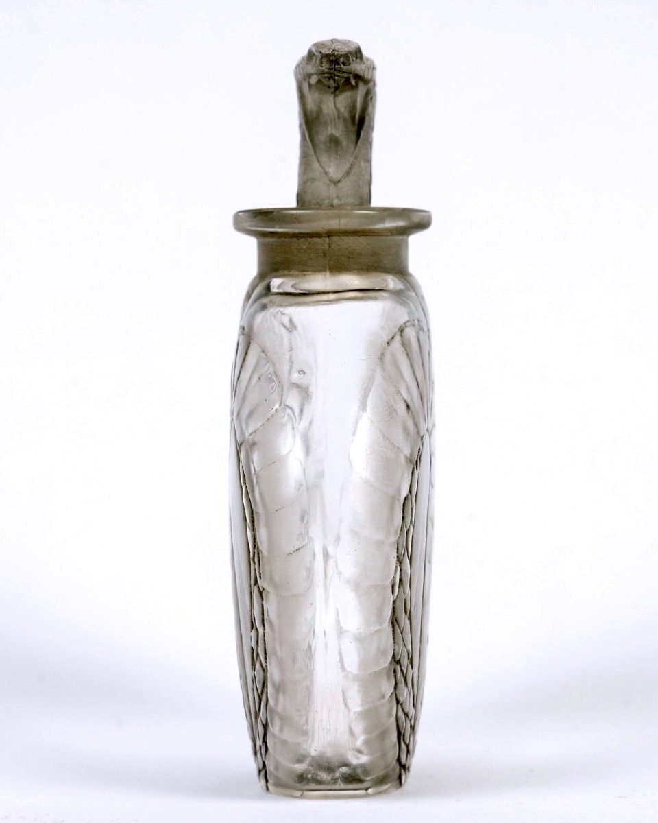 1920 René Lalique - Flacon Serpent Verre Blanc Patiné Gris-photo-4