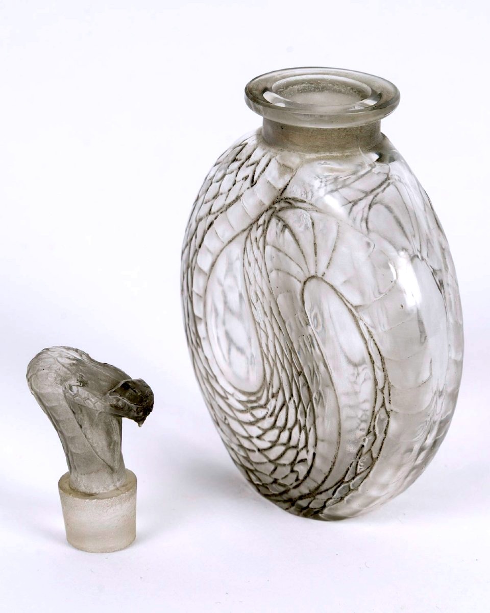 1920 René Lalique - Flacon Serpent Verre Blanc Patiné Gris-photo-1