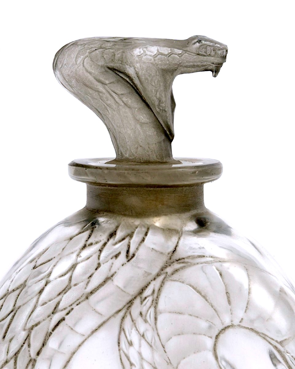 1920 René Lalique - Flacon Serpent Verre Blanc Patiné Gris-photo-2