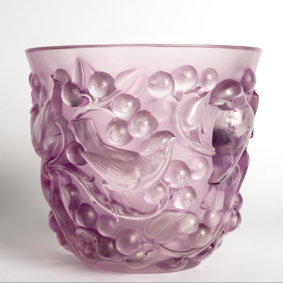 1927 René Lalique - Vase Avallon Verre Blanc Patiné Rose-photo-2