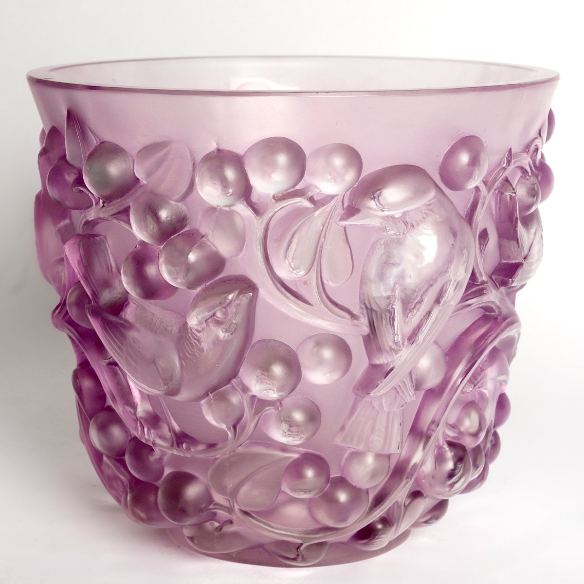 1927 René Lalique - Vase Avallon Verre Blanc Patiné Rose-photo-4
