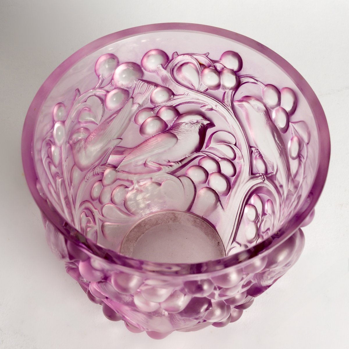 1927 René Lalique - Vase Avallon Verre Blanc Patiné Rose-photo-2