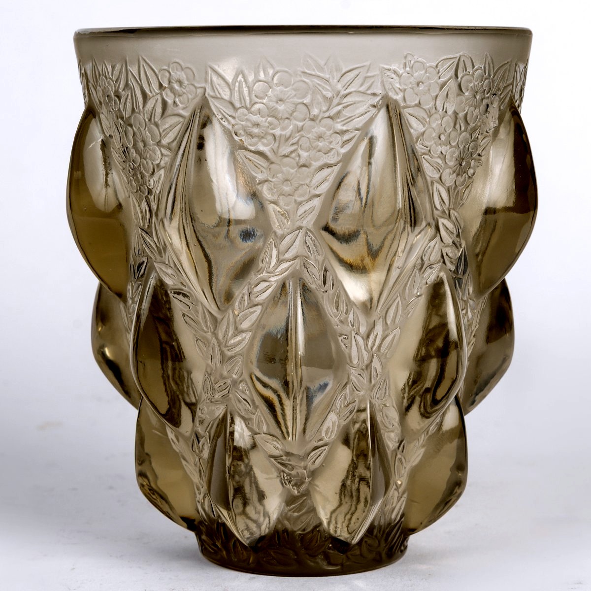 1927 René Lalique - Vase Rampillon Verre Gris Topaze Fumé