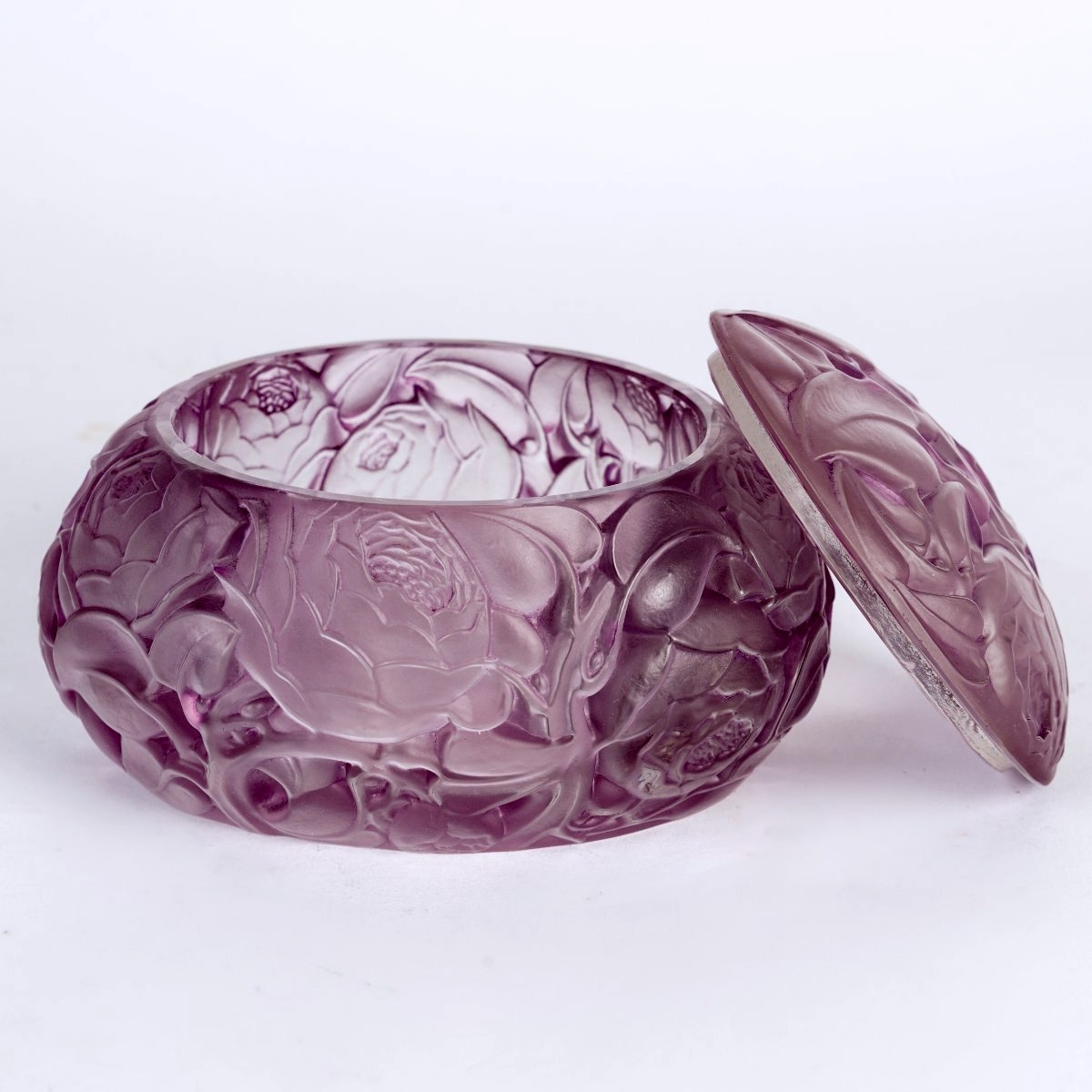 1927 René Lalique - Boîte Dinard Verre Blanc Patiné Rose-photo-2