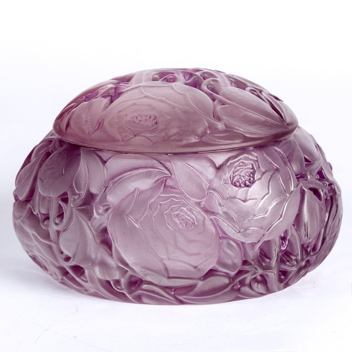 1927 René Lalique - Boîte Dinard Verre Blanc Patiné Rose